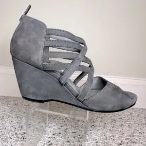 Eileen Fisher Vero Cuoio Caged Suede Wedge Sandals Womens 9 Gray Heel Zip Up