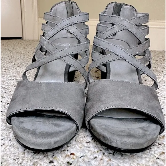 Eileen Fisher Vero Cuoio Caged Suede Wedge Sandals Womens 9 Gray Heel Zip Up