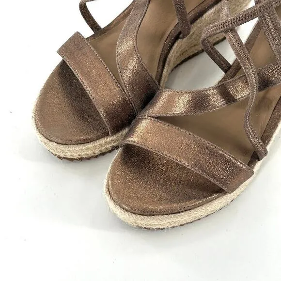 Eileen Fisher Wanda Espadrille Sandals 6 NWOT Wedge Strappy Leather Gold Tan