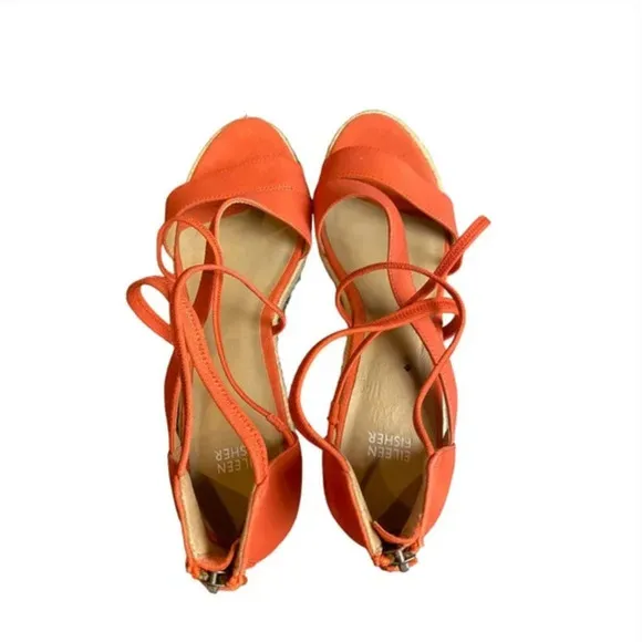 Eileen Fisher Wanda Espadrille Sandals 8.5 NWOT Wedge Strappy Leather Orange Tan