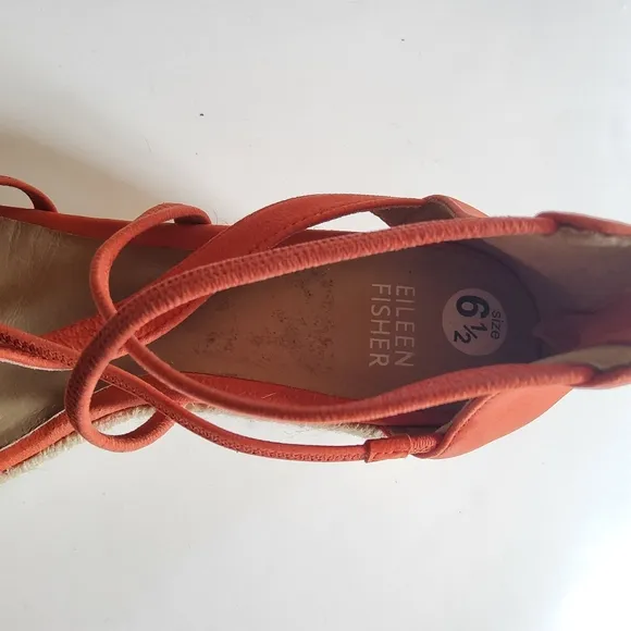Eileen Fisher Wanda Strappy‎ Leather Wedge Espadrilles Sandals Size 6.5 Coastal