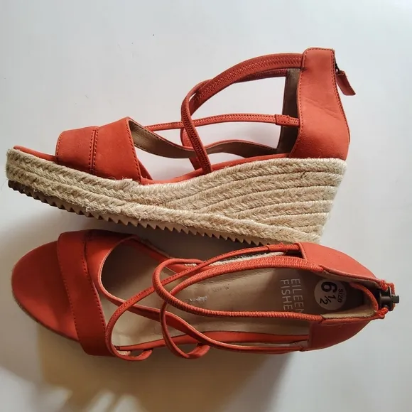 Eileen Fisher Wanda Strappy‎ Leather Wedge Espadrilles Sandals Size 6.5 Coastal