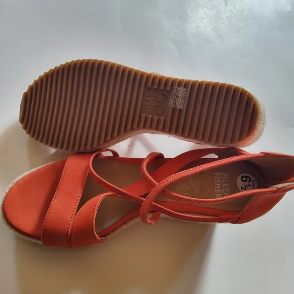 Eileen Fisher Wanda Strappy‎ Leather Wedge Espadrilles Sandals Size 6.5 Coastal