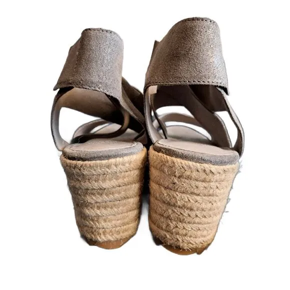 EILEEN FISHER Willow Wedge Sandals Size 8 Pewter Metallic Suede Jute Espadrille