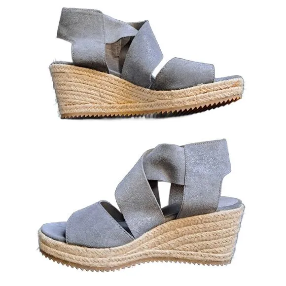 EILEEN FISHER Willow Wedge Sandals Size 8 Pewter Metallic Suede Jute Espadrille