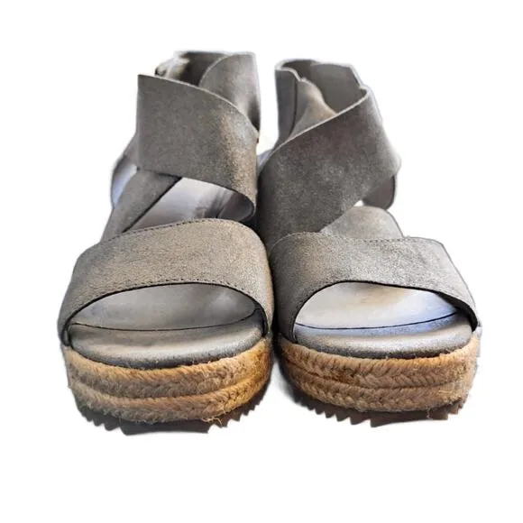 EILEEN FISHER Willow Wedge Sandals Size 8 Pewter Metallic Suede Jute Espadrille
