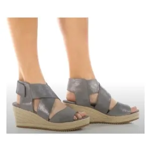 EILEEN FISHER Willow Wedge Sandals Size 8 Pewter Metallic Suede Jute Espadrille