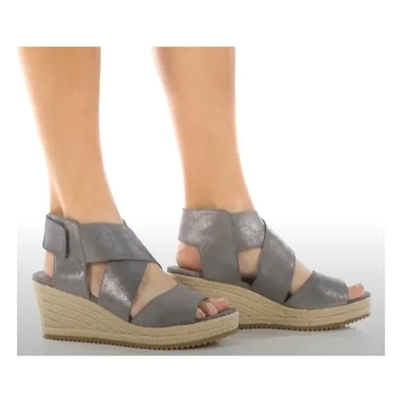 EILEEN FISHER Willow Wedge Sandals Size 8 Pewter Metallic Suede Jute Espadrille
