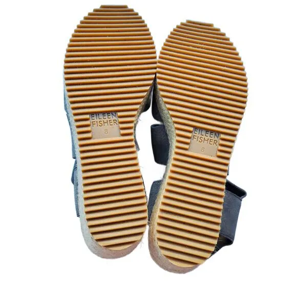 EILEEN FISHER Willow Wedge Sandals Size 8 Pewter Metallic Suede Jute Espadrille