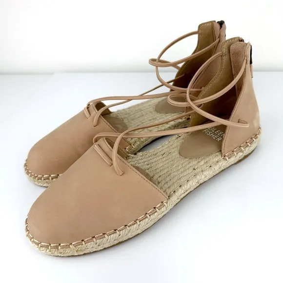 Eileen Fisher Women's Lace Up Espadrilles Leather Sandals Toffee Cream Size 5.5
