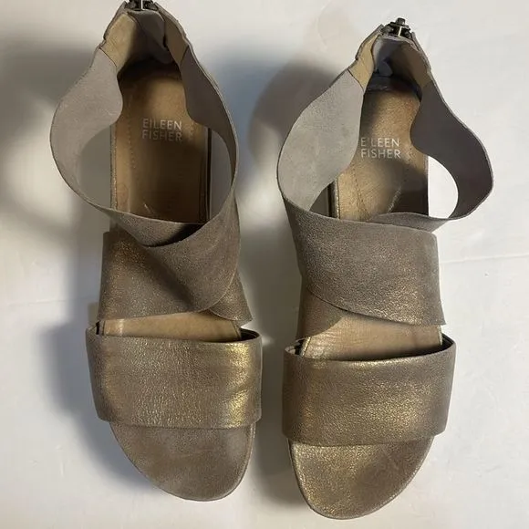 Eileen Fisher Women’s Platinum Metallic Suede Sport Sneaker Sandals Zip Size 9