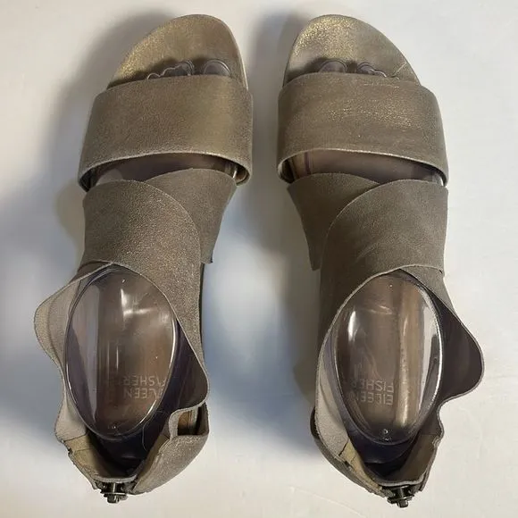 Eileen Fisher Women’s Platinum Metallic Suede Sport Sneaker Sandals Zip Size 9
