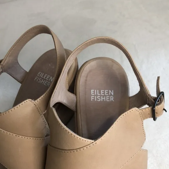 EILEEN FISHER Women's Size 8.5 Ria Beige Leather Slingback Stacked Heel Sandals