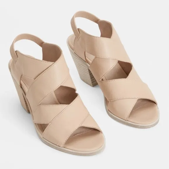 EILEEN FISHER Women's Size 8.5 Ria Beige Leather Slingback Stacked Heel Sandals