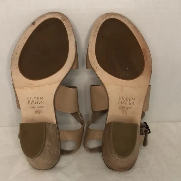EILEEN FISHER Women's Size 8.5 Ria Beige Leather Slingback Stacked Heel Sandals