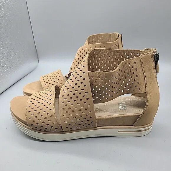 Eileen Fisher Women's Sz 10 Sandals Perfo Nubuck Sport Tan Suede Back Zip New