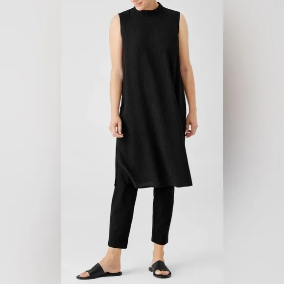 Eileen Fisher Woven Plisse mock neck sleeveless dress gray size small
