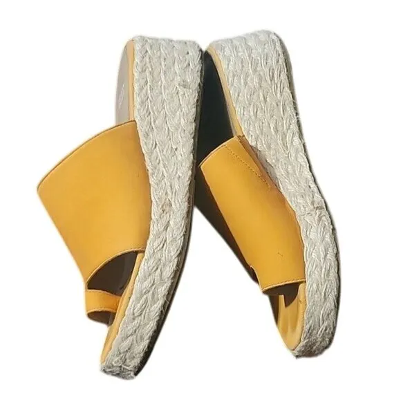 Eileen Fisher Yellow Espadrille Platform Sandals Womens Size 7.5 Leather Open To