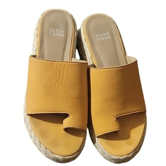 Eileen Fisher Yellow Espadrille Platform Sandals Womens Size 7.5 Leather Open To