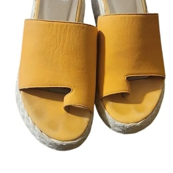 Eileen Fisher Yellow Espadrille Platform Sandals Womens Size 7.5 Leather Open To