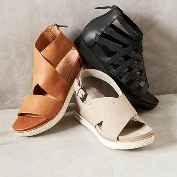 Eileen FisherSport Criss Cross Tumbled Leather Banded Platform Sandals Sz10
