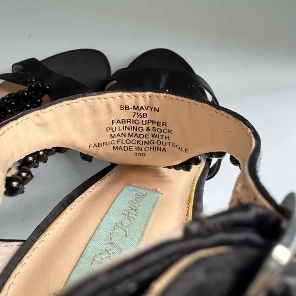 Elegant Betsey Johnson Black SB- Mavyn Heels Satin Beaded T-Strap Heels Size 7.5