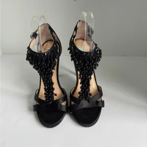 Elegant Betsey Johnson Black SB- Mavyn Heels Satin Beaded T-Strap Heels Size 7.5