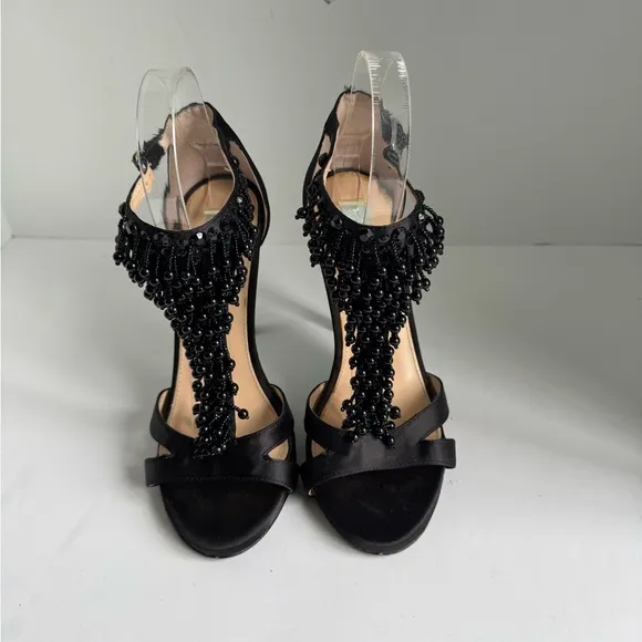 Elegant Betsey Johnson Black SB- Mavyn Heels Satin Beaded T-Strap Heels Size 7.5