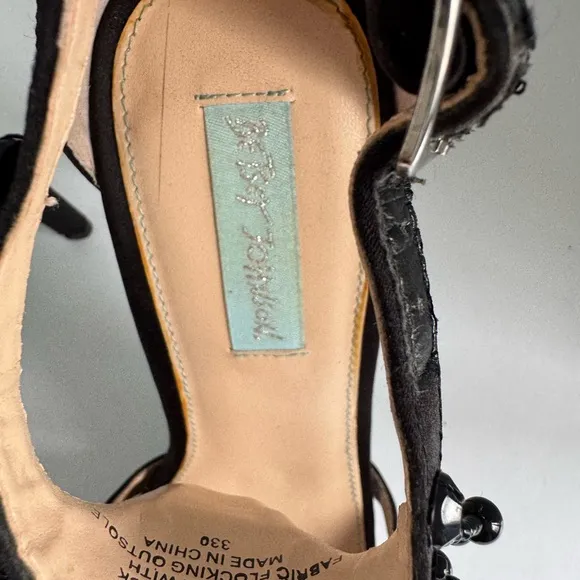 Elegant Betsey Johnson Black SB- Mavyn Heels Satin Beaded T-Strap Heels Size 7.5