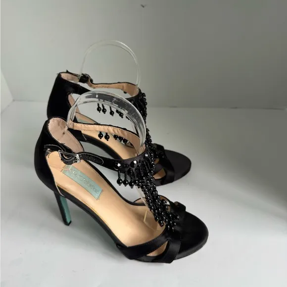 Elegant Betsey Johnson Black SB- Mavyn Heels Satin Beaded T-Strap Heels Size 7.5