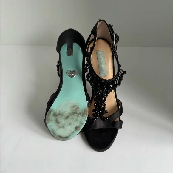 Elegant Betsey Johnson Black SB- Mavyn Heels Satin Beaded T-Strap Heels Size 7.5