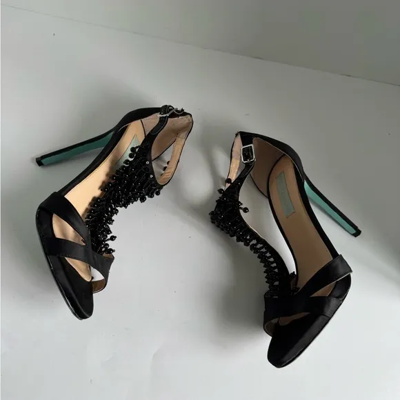 Elegant Betsey Johnson Black SB- Mavyn Heels Satin Beaded T-Strap Heels Size 7.5