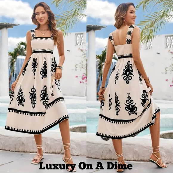 Elegant Smocked Bodice Contrasting Chic Sleeveless Summer Boho Midi Dress Cream