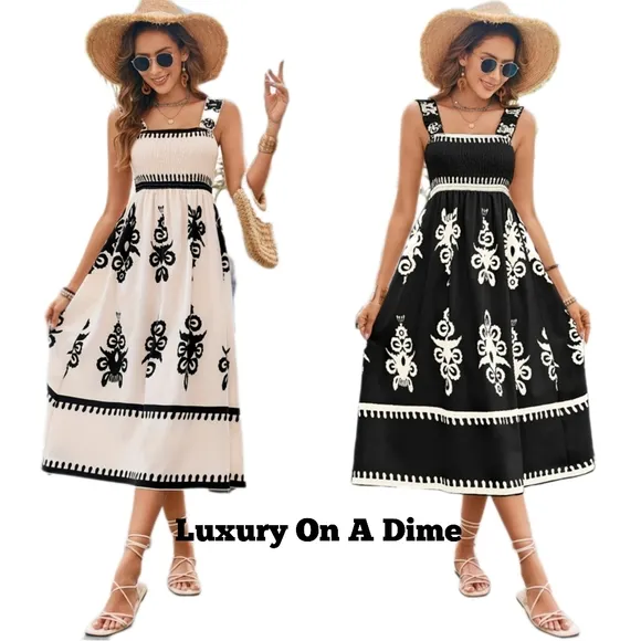 Elegant Smocked Bodice Contrasting Chic Sleeveless Summer Boho Midi Dress Cream