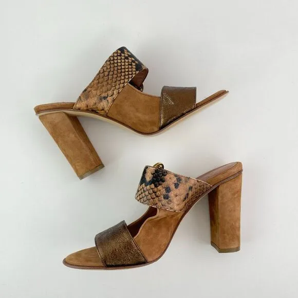 Eleventy Leather Snakeskin Print Suede Block Heel Sandals Brown EU 39/ US 9