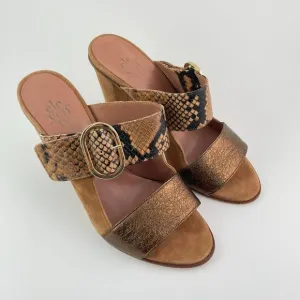 Eleventy Leather Snakeskin Print Suede Block Heel Sandals Brown EU 39/ US 9