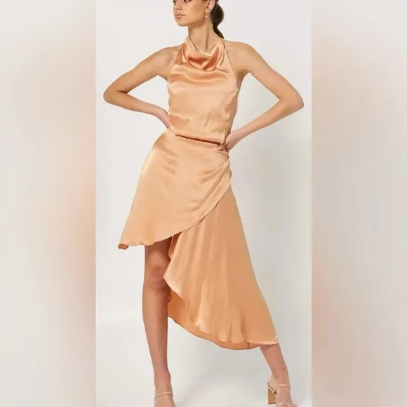 Elliatt Lambent Asymmetric Halter Dress Camel