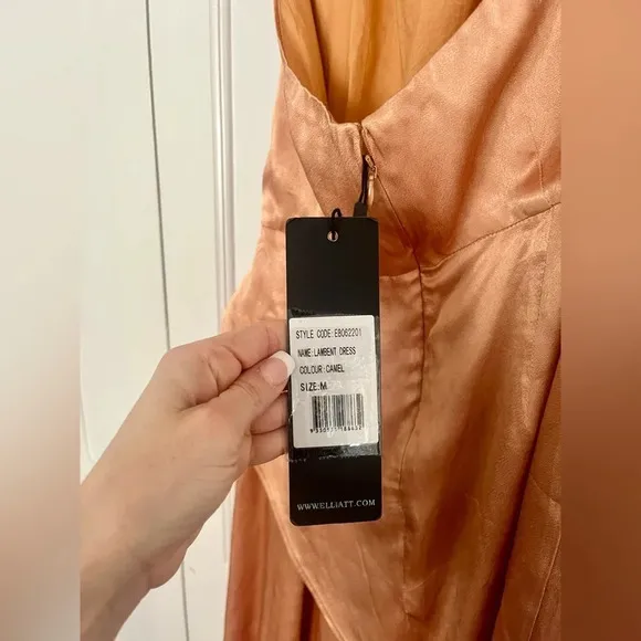 Elliatt Lambent Asymmetric Halter Dress Camel
