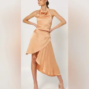 Elliatt Lambent Asymmetric Halter Dress Camel
