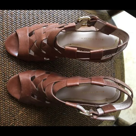 Ellie Tahari Brown Leather Peep Toe Sandals High Heels 9 1/2