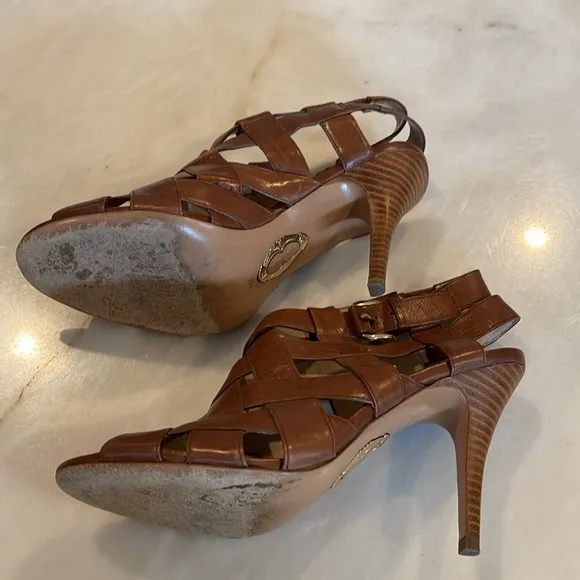 Ellie Tahari Brown Leather Peep Toe Sandals High Heels 9 1/2