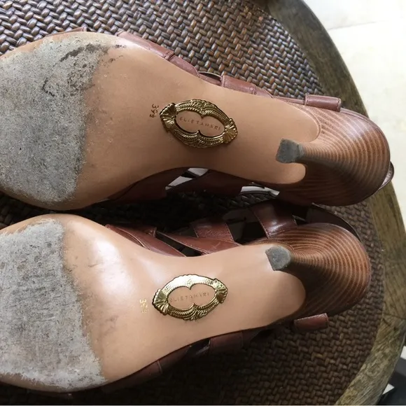 Ellie Tahari Brown Leather Peep Toe Sandals High Heels 9 1/2