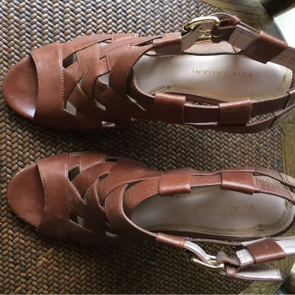 Ellie Tahari Brown Leather Peep Toe Sandals High Heels 9 1/2