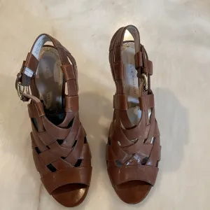 Ellie Tahari Brown Leather Peep Toe Sandals High Heels 9 1/2