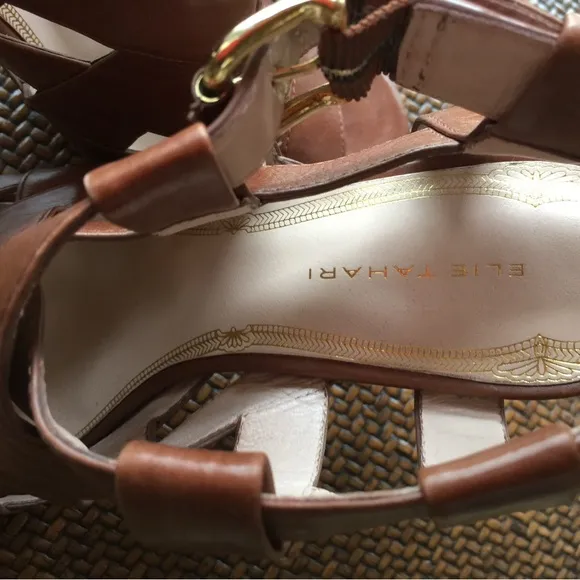 Ellie Tahari Brown Leather Peep Toe Sandals High Heels 9 1/2