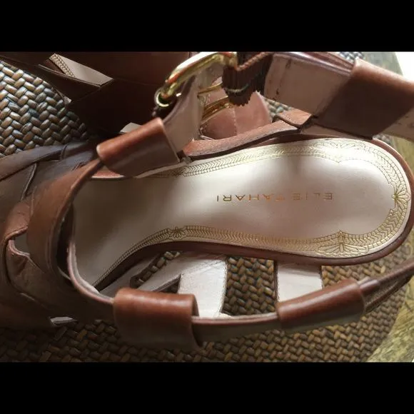 Ellie Tahari Brown Leather Peep Toe Sandals High Heels 9 1/2