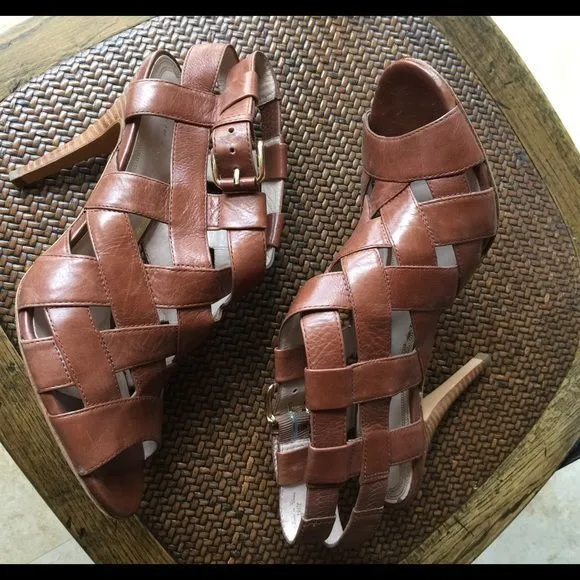 Ellie Tahari Brown Leather Peep Toe Sandals High Heels 9 1/2