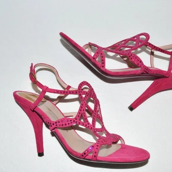 EMANUEL UNGARO Sz 7.5 38.5  DESIGNER PINK SUEDE LEATHER RHINESTONE SANDALS HEELS