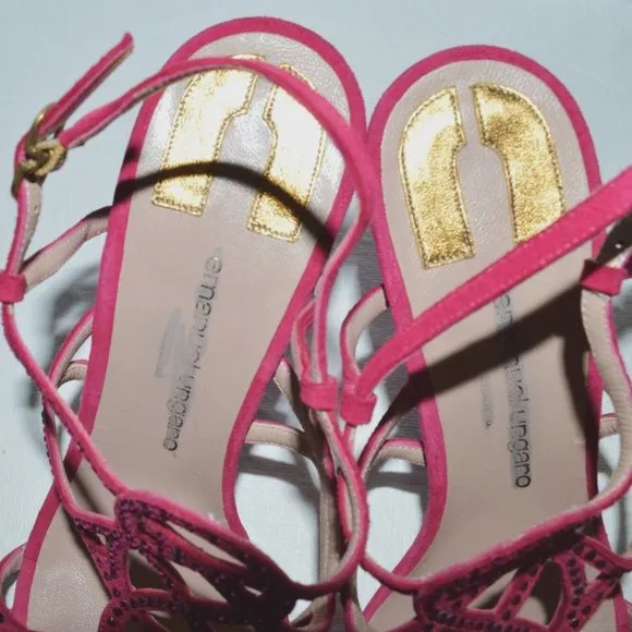 EMANUEL UNGARO Sz 7.5 38.5  DESIGNER PINK SUEDE LEATHER RHINESTONE SANDALS HEELS