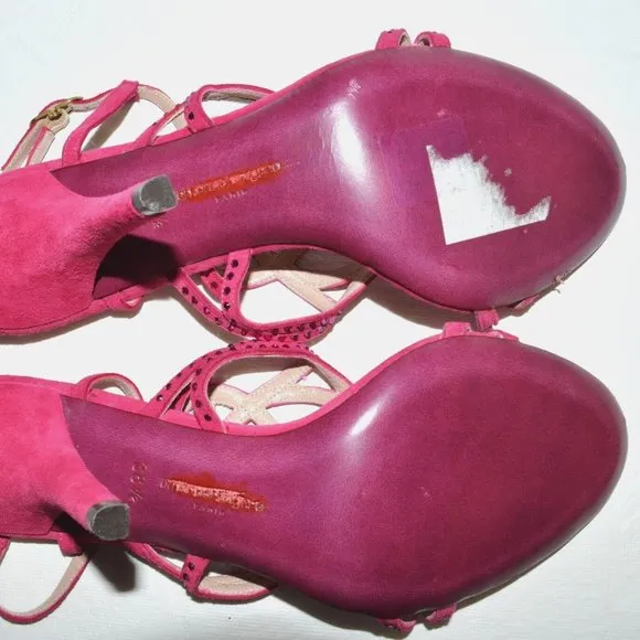 EMANUEL UNGARO Sz 7.5 38.5  DESIGNER PINK SUEDE LEATHER RHINESTONE SANDALS HEELS